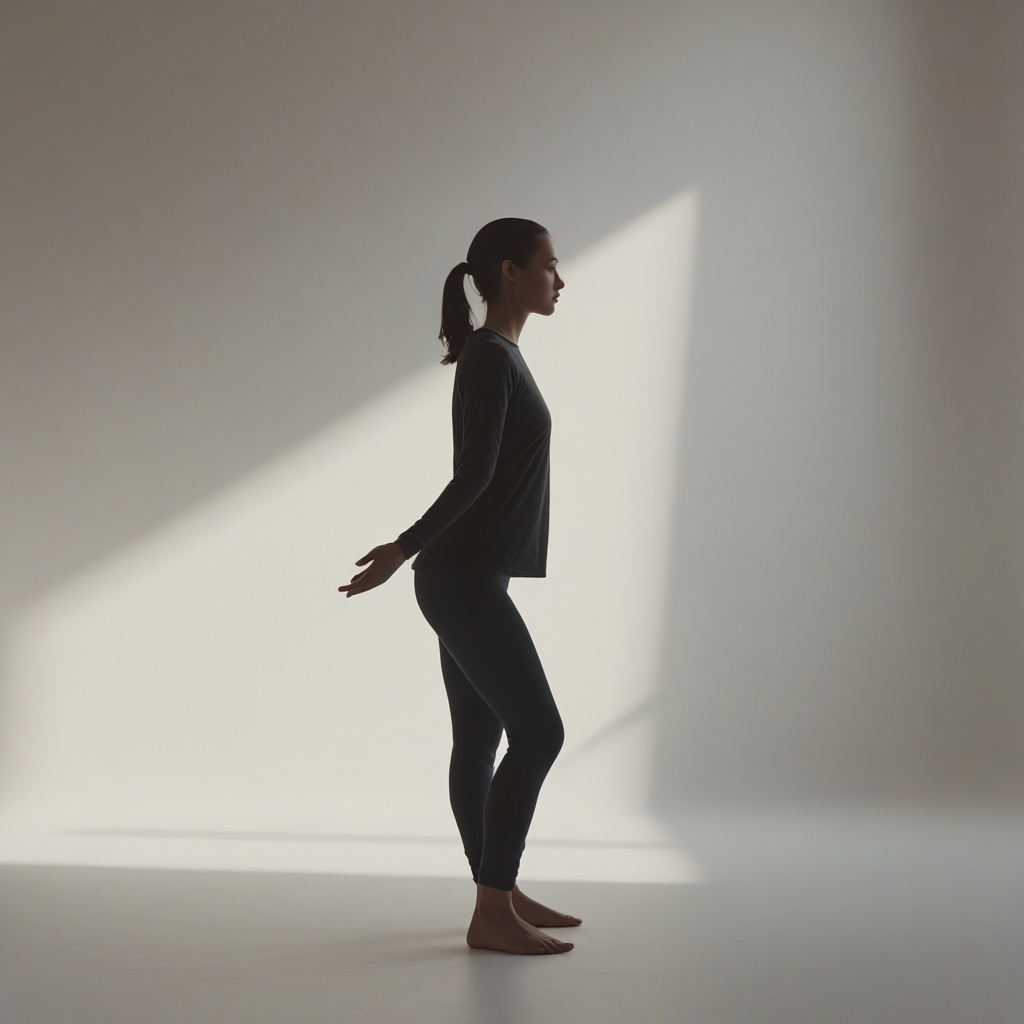 Silhouette of a person in a graceful standing balance pose, photographed against a soft morning light with a minimalist studio background, conveying stillness and physical awareness